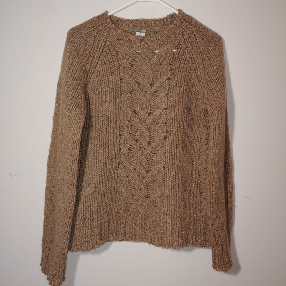 J.Crew Wool Silk Blend Crew Neck  Chunky Cable Knit Sweater Size M Brown